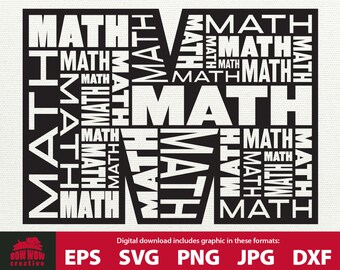 Puede incluir: Diseño gráfico en blanco y negro de la letra M compuesta por la palabra "MATH" repetida varias veces. El diseño es adecuado para usar como decoración de aula, un regalo para un maestro o un diseño divertido con temática matemática para una camiseta o una bolsa de mano.