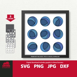 May include: A digital download of a layered paper craft design featuring nine blue circles with a white background. The design is made up of five layers and is perfect for creating a unique wall art piece.