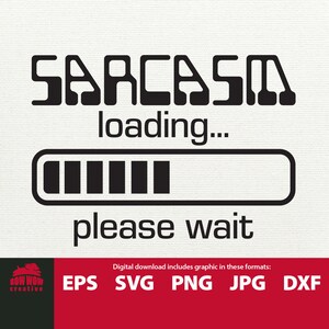 May include: Black and white graphic design with the text "SARCASM loading... please wait". The graphic depicts a progress bar that is almost full.