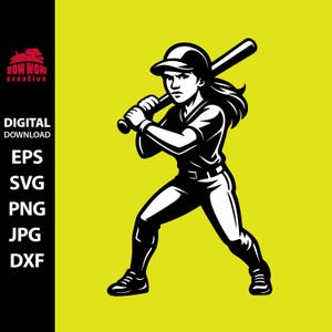 Mulher e menina de softball com arquivo de corte svg de bastão, clipart de softball, jogadora de beisebol feminina segurando um taco de beisebol pronta para balançar, mascote de time forte