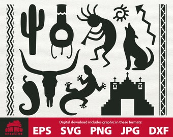 Southwest svg bundle Southwest clip art silhouettes eps jpg png SVG kokopelli coyote lizard cactus skull chile pepper chiminea southwestern