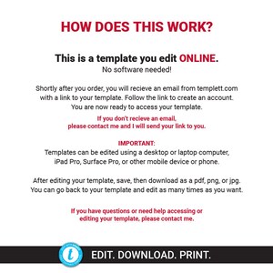 May include: Text explaining how to edit a template online using templett.com. The text says "This is a template you edit ONLINE. No software needed!" and includes instructions on how to access and edit the template. The text also includes information about the types of devices that can be used to edit the template.