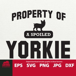 Propiedad de un Yorkie mimado svg Yorkie clipart regalo divertido para yorkie amante propietario papá mamá para camiseta tote coche calcomanía taza vaso palo