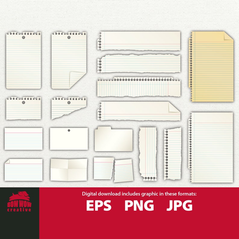 May include: A set of 14 digital paper textures in various sizes and shapes, including lined, blank, and torn paper. The textures are in a light beige color and have a subtle grain. The text "Digital download includes graphic in these formats: EPS PNG JPG" is at the bottom of the image.