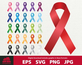 Awareness Ribbons bundle cancer ribbon red yellow orange green blue purple black white ribbon clip art ribbon SVG cutting files