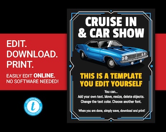 EDITABLE Cruise In Car Show flyer classic car meet up event poster vintage car advertisement template auto show fundraiser flyer templett