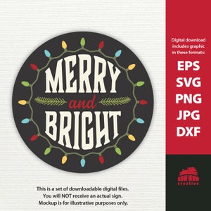 Merry and Bright round front door sign svg vintage Christmas lights circular winter porch decor christmas round sign cutting machine file
