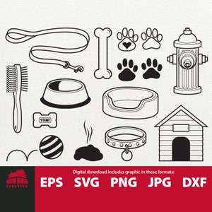 Hond svg bundel hond clip art hond kom kraag leiband pootafdruk poot stinkende kak hond bed hondenhok brandkraan kraag SVG snijden bestand knippen bestand
