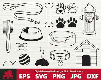 Cane svg bundle cane clip arte cane ciotola collare guinzaglio zampa stampa zampa puzzolente cacca cane letto canile idrante antincendio collare SVG file di taglio file di taglio