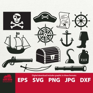 Piraten svg Bundle Pirat ClipArt Bundle Piratenschiff svg Jolly Roger svg Schatzkarte svg Kompassrose svg Piratenhaken svg Piratenhut svg