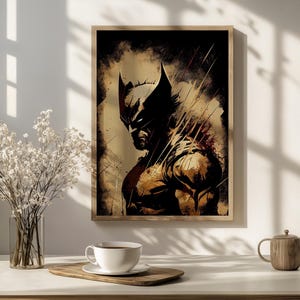 Peut inclure: Une impression d'art mural rectangulaire représentant une illustration stylisée et sombre d'un personnage aux oreilles pointues et à la carrure musclée. L'œuvre utilise une palette de couleurs sépia et noir avec des lignes angulaires et un fond texturé.