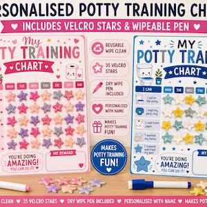 May include: Two personalised potty training charts, one pink and one blue, featuring a weekly grid, task list, and reward section. Each set includes 35 velcro stars and a dry wipe pen. The charts display text including My Potty Training Chart, You're Doing Amazing, and You Can Do It, with illustrations of toilets and toilet paper rolls.