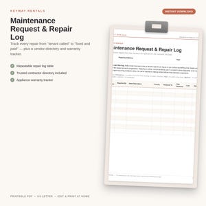 Landlord Maintenance Request Log | Property Repair Tracker, Vendor Directory (Instant Download)