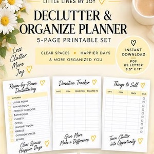 May include: A 5-page printable declutter and organise planner set featuring the text Little Lines by Joy, Declutter & Organise Planner, Room-by-Room Decluttering, Donation Tracker, and Things to Sell, formatted for 21.59 cm x 27.94 cm paper size.