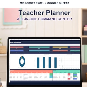 May include: A digital teacher planner for Microsoft Excel and Google Sheets displayed on a laptop screen. The interface features an automated dashboard, 21 connected tabs, and a quick start guide. It includes sections for lessons, grades, and attendance.