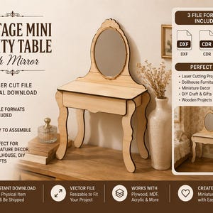 Puede incluir: Un archivo de corte láser de descarga digital para un tocador en miniatura con espejo ovalado. El diseño presenta paneles de color madera clara, patas curvas y un cajón central. El texto en la imagen incluye VINTAGE MINI VANITY TABLE with Mirror.