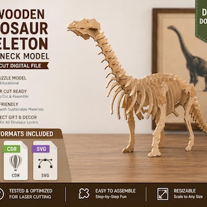 May include: A 3D wooden dinosaur skeleton long-neck model laser cut digital file. The text reads 3D WOODEN DINOSAUR SKELETON LONG-NECK MODEL LASER CUT DIGITAL FILE, 3D PUZZLE MODEL, LASER CUT READY, ECO FRIENDLY, PERFECT GIFT & DECOR, 3 FILE FORMATS INCLUDED, DXF, CDR, SVG, TESTED & OPTIMIZED FOR LASER CUTTING, EASY TO ASSEMBLE, RESIZABLE, DIGITAL DOWNLOAD.