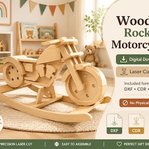 Könnte beinhalten: Ein helles hölzernes Schaukelmotorrad-Spielzeug mit glatter Oberfläche, bestehend aus Rahmen, Rädern und Lenker. Das Bild enthält den Text: Wooden Rocking Motorcycle, Digital Download, Laser Cut Files, DXF, CDR, SVG und No Physical Product.