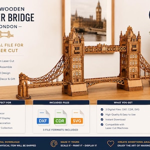 Op de afbeelding: Een 3D houten model van de Tower Bridge in Londen, ontworpen als digitaal bestand voor lasersnijden. Het model bevat gedetailleerde architecturale elementen, waaronder twee hoofdtorens verbonden door een centrale loopbrug.