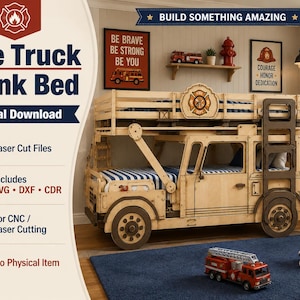 May include: A light-colored wooden bunk bed shaped like a fire truck with a ladder and wheels. The text reads Fire Truck Bunk Bed, Digital Download, Laser Cut Files, Includes SVG, DXF, CDR, For CNC, Laser Cutting, and No Physical Item.
