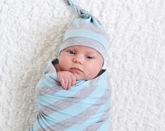 Baby boy hat. Blue/gray stripes. Soft stretchy knit fabric. Knot top style. Size newborn/ XS   (Made by lippybrand.)