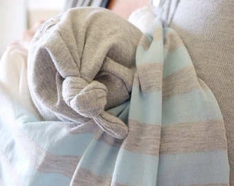 Baby boy blanket. Stretchy swaddle style. Blue and gray stripes with gray trim. Made by Amy, Lippy brand. Baby boy accessory. Boy swaddle.