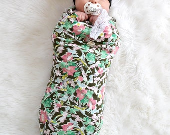 Baby girl floral blanket. Handmade. Swaddle wrap. Soft and stretchy knit fabric. Blanket size: Size 45 by 45 inches. By Lippy brand. Girl.