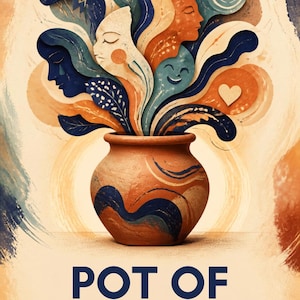 Pode incluir: Um vaso de cor terracota com padrões de redemoinhos azuis e laranja, de onde emergem formas abstratas de rostos, uma nuvem de tempestade, um coração e linhas curvas. O texto POT OF EMOTIONS está impresso em azul escuro na parte inferior.