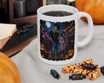 Gordy Game - Zombie Happy Halloween Pumpkin Haunted House Mug | Halloween Scene Ceramic Mug