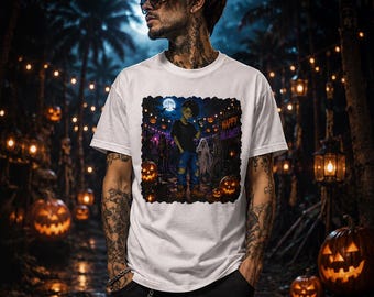 Gordy Game - Zombie Happy Halloween Night scene T-Shirt | Jack-o'-lanterns, full moon, spooky crowd
