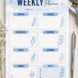 Weekly Planner Printable PDF, Undated Digital Planner, GoodNotes Planner Template, Celestial Blue Aesthetic , A4 US Letter, Instant Download