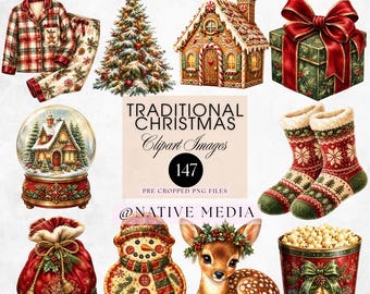 Traditional Christmas Clipart Bundle | Festive Holiday PNG Elements (Digital Download)