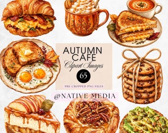 Autumn Cafe Watercolor Clipart, Fall Food PNGs, Cozy Drinks Graphics (Digital Download)