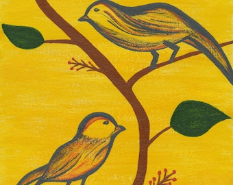 Zwischen den Zweigen – Giclée-Druck „Vogelmotiv“ | Acryl-Wandbild „Zwei gelbe Vögel“ | Gemütlicher Kunstdruck