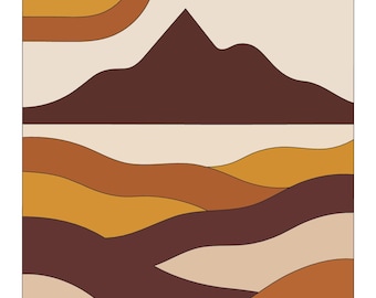 Retro Sun Rainbow Wall Art Printable | Amber Rust Mountain Landscape Print | 70s Boho Earth Tone Decor | Digital Download