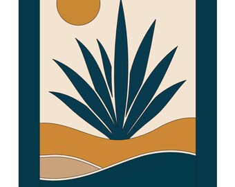 Botanisches Wandbild „Agave“ zum Ausdrucken | Marineblaue Wüstenpflanze | Moderner Südwest-Boho-Stil | Digitaler Download