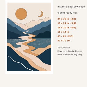 May include: A digital wall art print featuring a landscape with a winding river, mountains, a sun, and a crescent moon in shades of blue, tan, and orange. Text includes WHAT YOU RECEIVE, 6 print-ready files with dimensions in inches and cm, and 300 DPI.