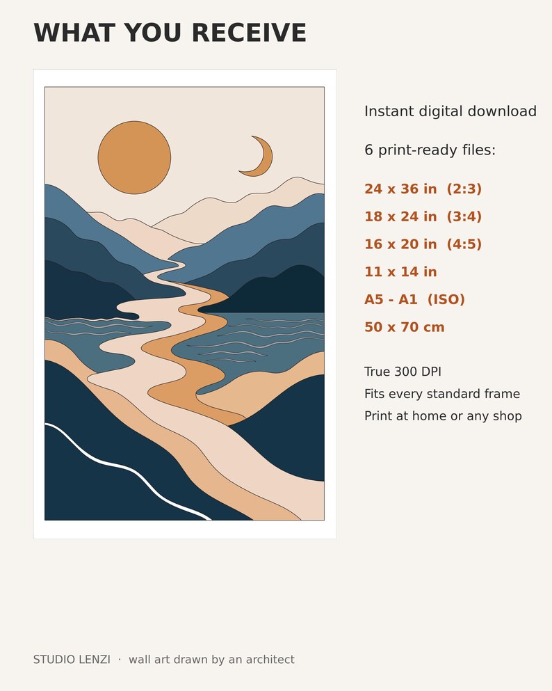 May include: A digital wall art print featuring a landscape with a winding river, mountains, a sun, and a crescent moon in shades of blue, tan, and orange. Text includes WHAT YOU RECEIVE, 6 print-ready files with dimensions in inches and cm, and 300 DPI.