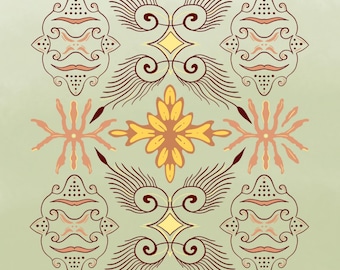 Wandbild mit volkstümlichen Blumenfliesen zum Ausdrucken | Symmetrisches Muster in Salbeiocker | Vintage-Volkskunst-Dekor | Digitaler Download