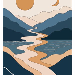 May include: A vertical wall art print featuring a stylized landscape with layered dark blue mountains, a winding light tan river, and a body of water. The sky contains a solid orange circle representing the sun and a crescent moon in a light beige background.