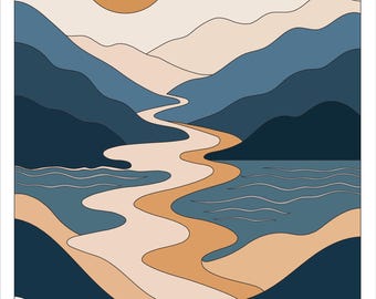 Wandbild mit Sonne und Mond zum Ausdrucken | Berglandschaft in Marineblau und Terrakotta | Boho-Flussdeko in Erdtönen | Digitaler Download