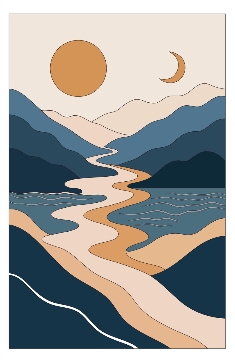 May include: A vertical wall art print featuring a stylized landscape with layered dark blue mountains, a winding light tan river, and a body of water. The sky contains a solid orange circle representing the sun and a crescent moon in a light beige background.