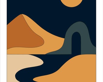 Goldene Sonne – Wüstenwandbild zum Ausdrucken | Landschaftsbild in Marineblau und Ocker | Moderne Boho-Bogen-Dünen-Dekoration | Digitaler Download