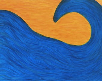 Blaue Welle – Giclée-Druck einer Meereswelle | Abstraktes Acryl-Wandbild in Kobaltblau und Bernstein | Küstenkunst
