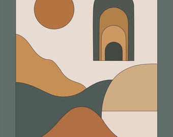 Wandbild „Wüstenbogen“ zum Ausdrucken | Boho-Architektur in Salbei-Terrakotta | Modernes Lehmziegel-Dekor im Südwest-Stil | Digitaler Download