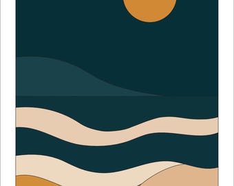 Mond-Ozean-Wandbild zum Ausdrucken | Nachtlandschaft in Marineblau und Türkis | Moderner Küsten-Boho-Stil | Digitaler Download