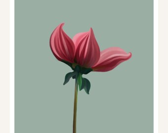 Wandbild mit roter Blütenknospe zum Ausdrucken | Aufblühende Blüte auf Salbeigrün | Ruhiges botanisches Motiv | Digitaler Download