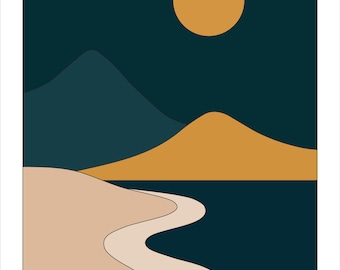 Wandbild „Geschwungener Pfad bei Nacht“ zum Ausdrucken | Türkis-goldenes Bergküstenmotiv | Moderne Boho-Landschaftsdeko | Digitaler Download