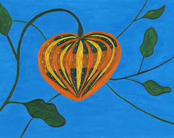 Kürbis in Blau – Botanischer Giclée-Druck | Orangefarbene Laterne und Ranke auf blauem Acryl-Wandbild | Kunstdruck