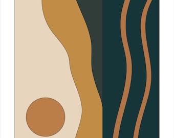 Abstraktes Sonnenmotiv als Kunstdruck | Modernes Wellenmuster in Terrakotta-Türkis | Boho-Stil der Mitte des 20. Jahrhunderts | Digitaler Download
